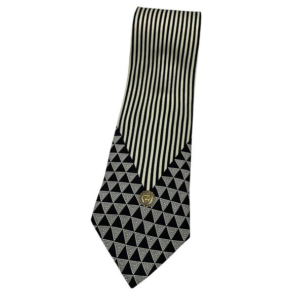 ISTANTE VERSACE 100% Silk Tie LUXURY Black Ivory Striped Geometric Logo W:4" EUC - Picture 1 of 4